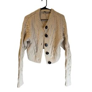 Free People Womens Chunky Cable Knit Cropped Cardigan Sweater Cream Ivory XS